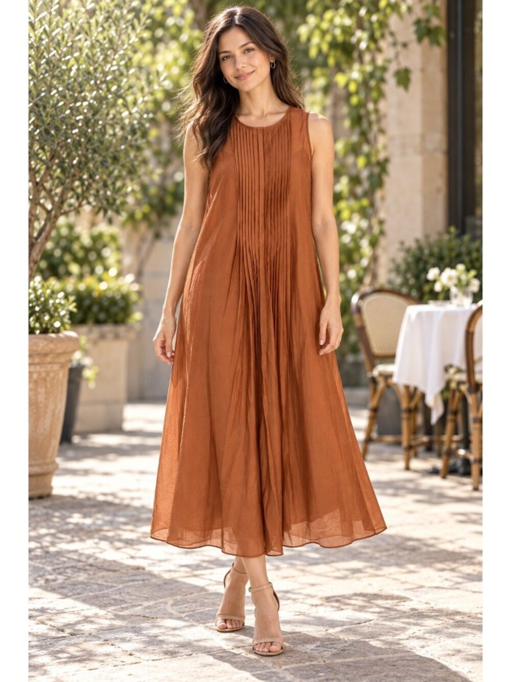 Banana Republic NWT Petite S Burnt Orange Pintuck A Line Midi Dress Cami Slip